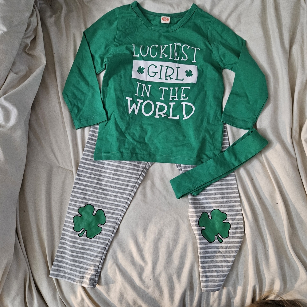 Green 'Luckiest Girl' Shirt and Striped Pants Set